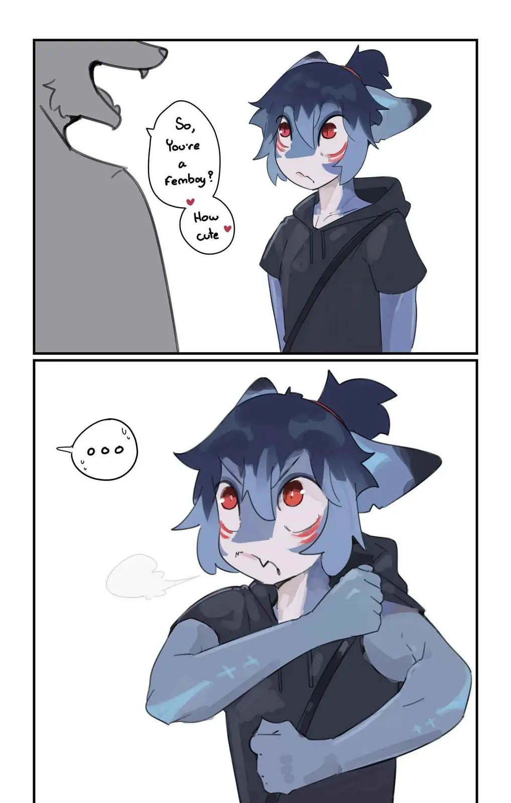 Two-panel comic: top panel shows a grey wolf-like figure asking a blue-furred anthropomorphic character with red eyes, 'So…