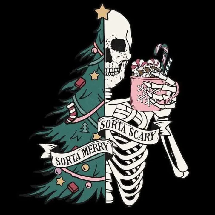 A skeleton split vertically, left side holding a decorated Christmas tree with ornaments and a star, right side holding a…
