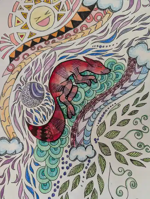 A colorful, hand-drawn illustration features a red dog curled up and sleeping peacefully in the center, surrounded by…