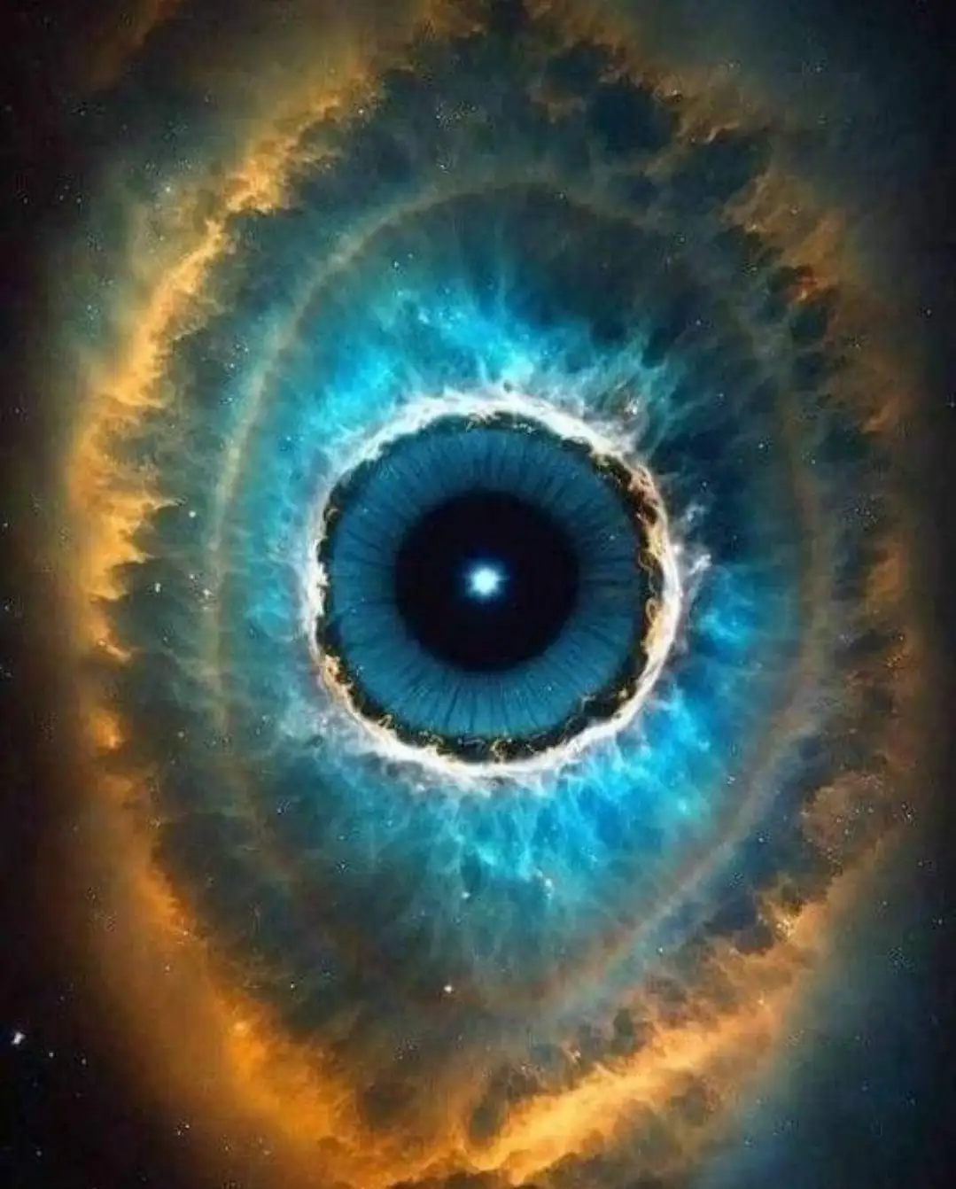 A cosmic nebula is visually arranged to resemble a giant human eye, with a dark pupil at the center, concentric blue rings…