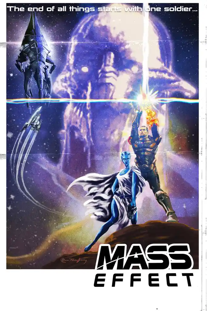 A stylized sci-fi poster features a male soldier in armor holding a glowing weapon aloft, standing beside a blue-skinned…