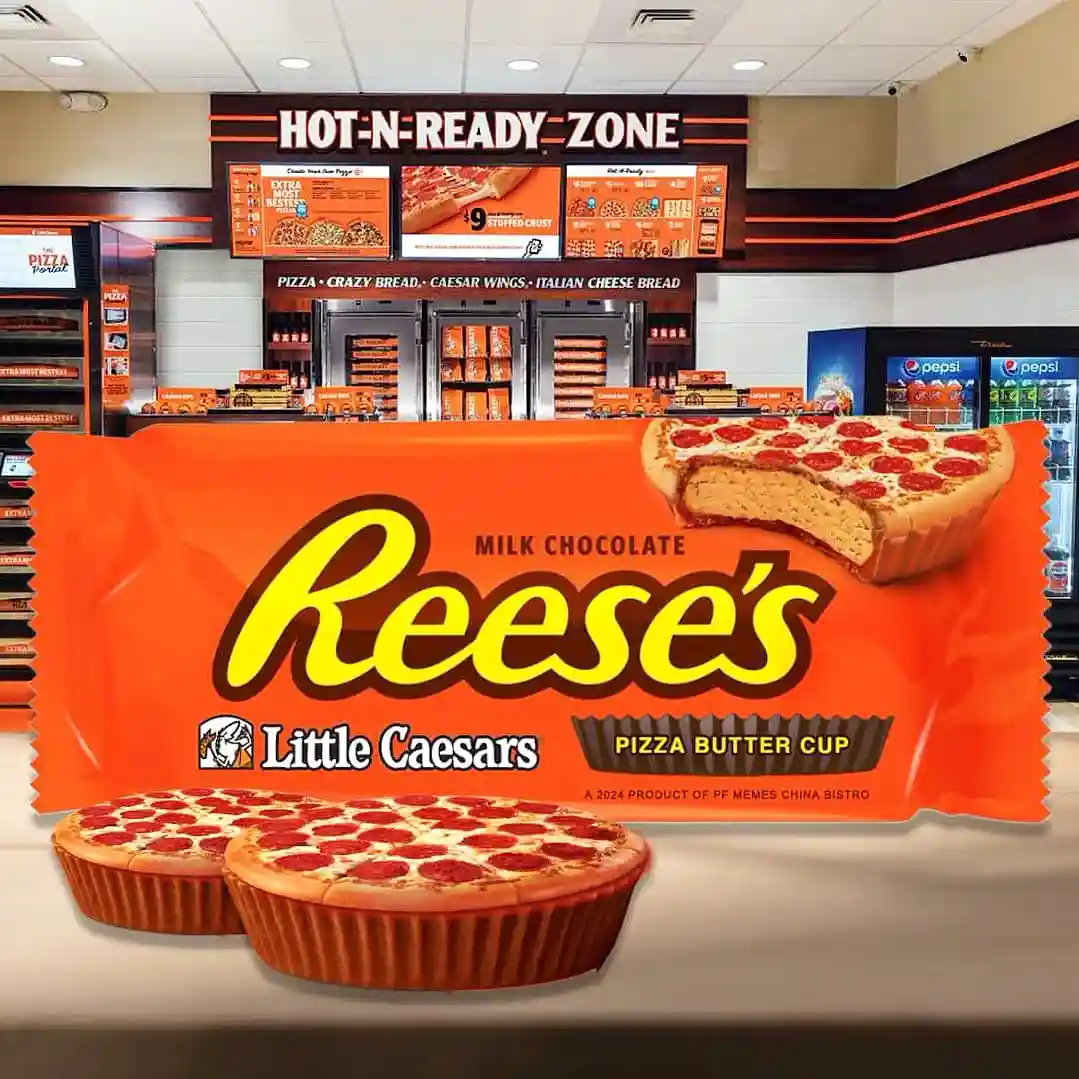 An image of a Little Caesars pizza restaurant's 'Hot-N-Ready Zone' is overlaid with a giant Reese's candy wrapper that reads…