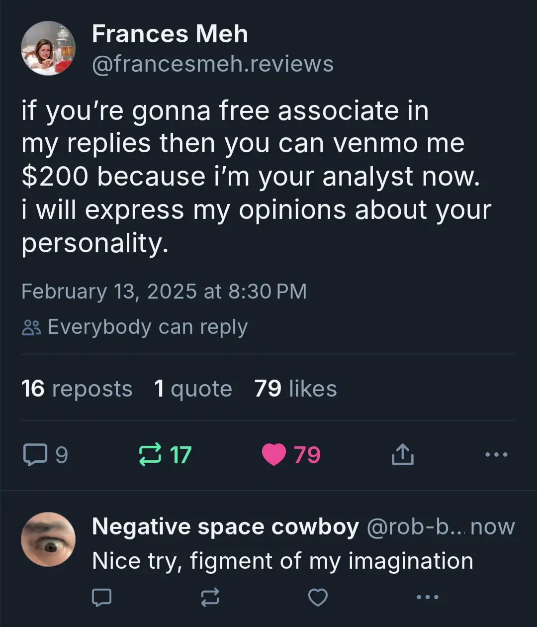 A screenshot of a Twitter/X post by Frances Meh (@francesmeh.reviews) where she demands $200 via Venmo to analyze a user's…