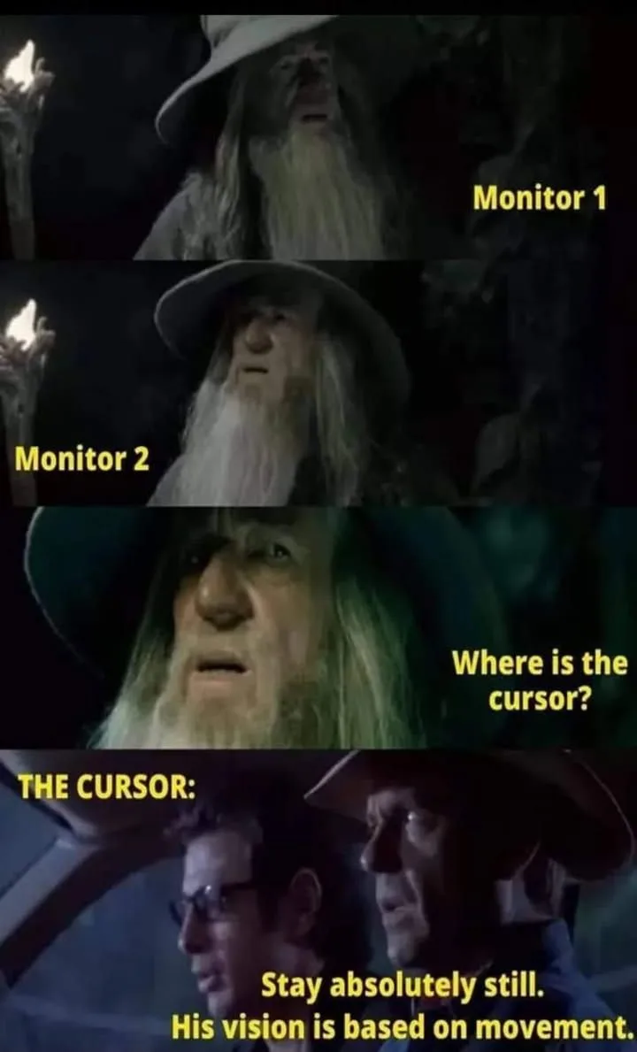 A four-panel meme shows Gandalf looking increasingly frantic across three monitors, then a cursor (a man in a car) calmly…