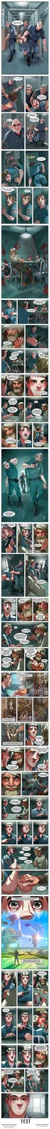 A comic strip depicts police officers arresting a young man, who is then interrogated by a bearded, elderly man in a dimly…