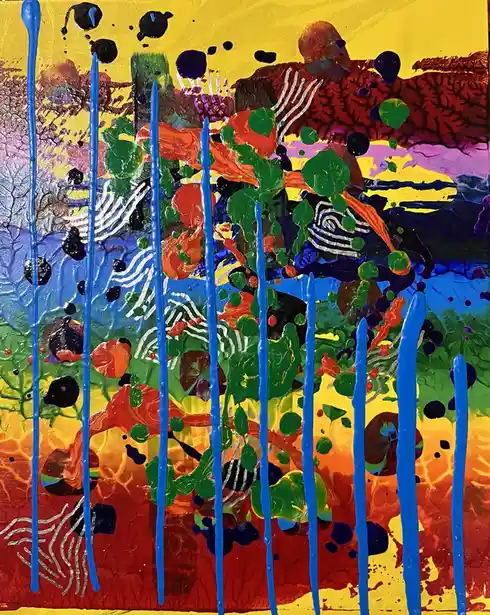 A vibrant, abstract painting with bold colors and textured brushstrokes, featuring vertical blue drips across the center…