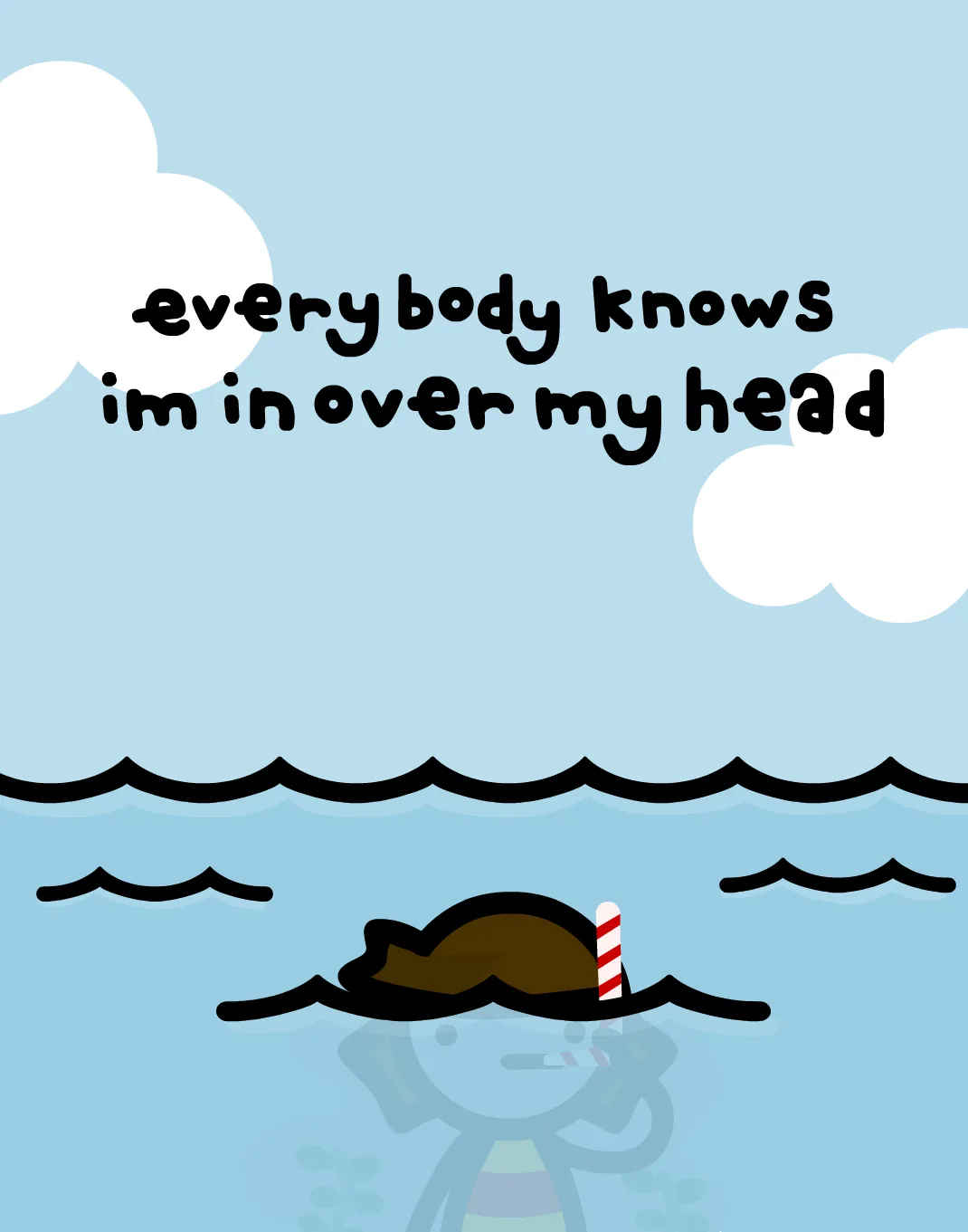 A cartoon character with a brown hat and red-and-white striped straw is barely visible above wavy blue water, with a light…