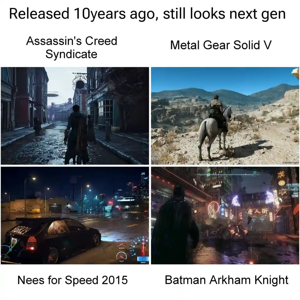 A four-panel meme comparing four video games released in 2015, each labeled with its title. The top text reads 'Released 10…
