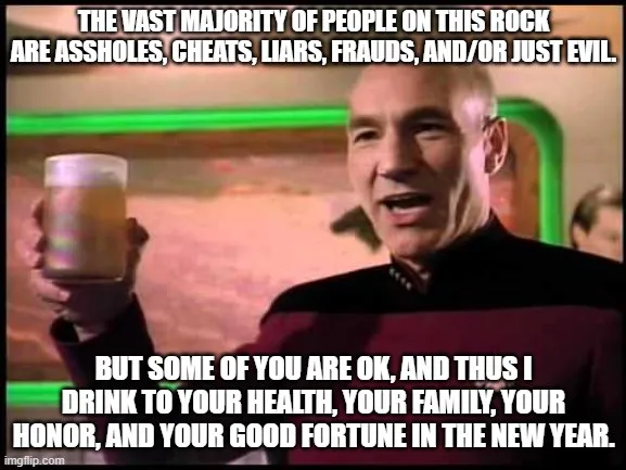 A man in a Starfleet uniform holds a glass of beer while speaking. The text overlaid on the image reads: 'THE VAST MAJORITY…