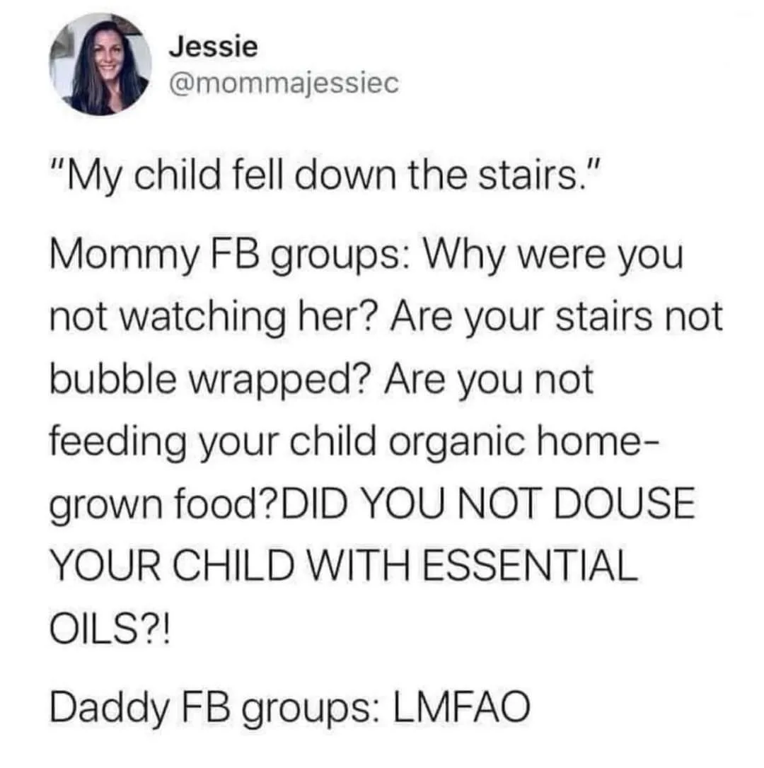 A screenshot of a tweet by Jessie (@mommajessiec) showing a humorous contrast: Mommy Facebook groups react with outrage and…