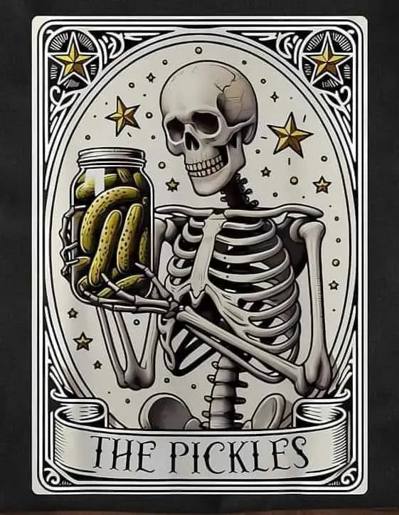 A skeleton holding a jar of pickles is depicted in a tarot card-style illustration with stars and ornate borders. The banner…