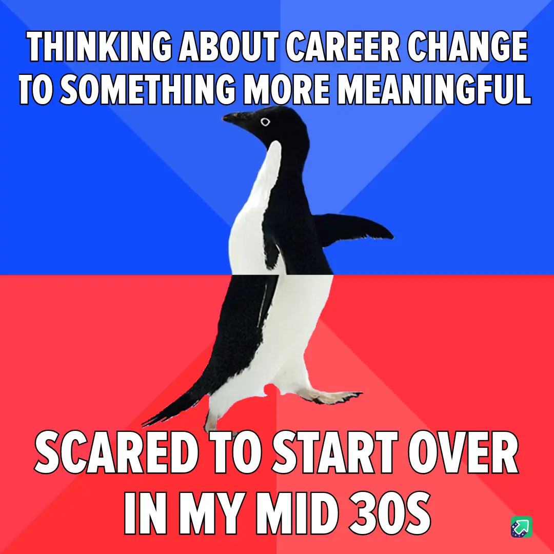 A penguin stands centered against a split blue and red background, with bold white text above reading 'THINKING ABOUT CAREER…