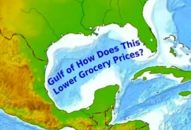 A map image shows the Gulf of Mexico with blue text overlaid that reads 'Gulf of How Does This Lower Grocery Prices?' The…