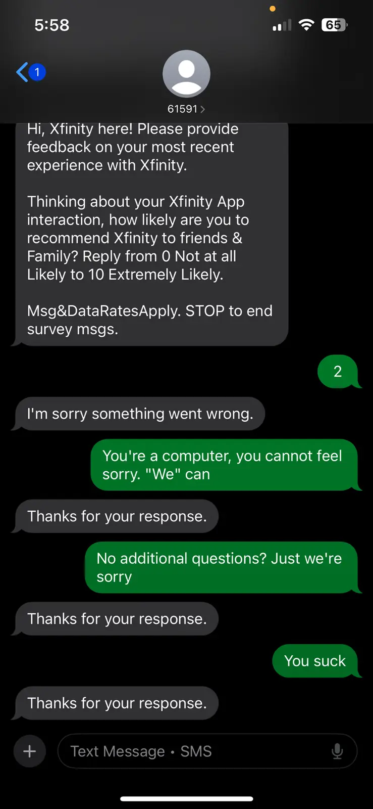 A screenshot of a text message conversation with an Xfinity automated customer service number. The automated message asks…