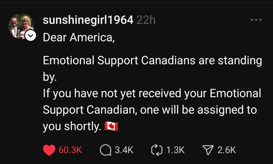 A screenshot of a social media post by 'sunshinegirl1964' showing a message addressed to America, humorously offering…