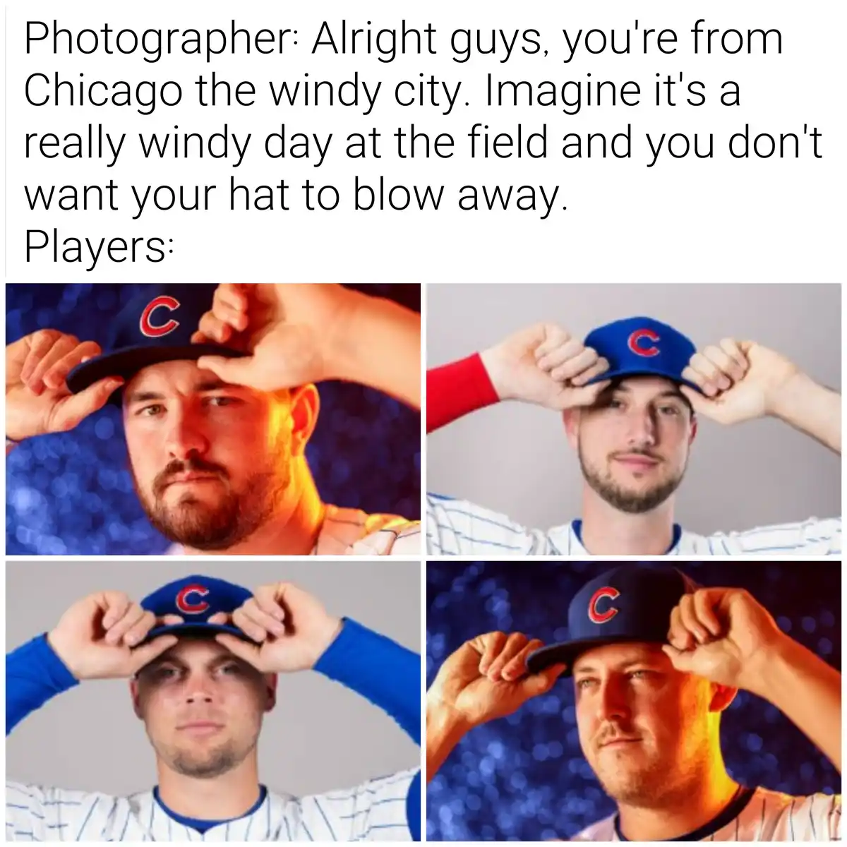 Four photos of baseball players wearing Chicago Cubs caps, each holding their hat down with both hands in a different pose…