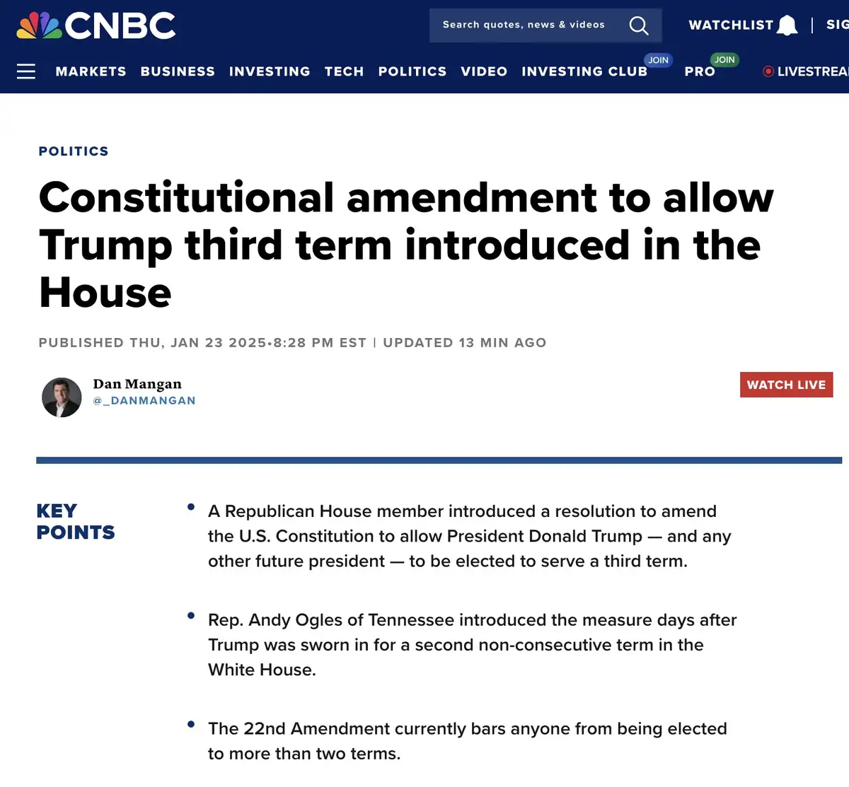 A screenshot of a CNBC news article with the headline 'Constitutional amendment to allow Trump third term introduced in the…