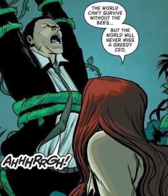 A man in a suit is being strangled by green vines while screaming 'AHHHRRGH!'. A woman with long red hair stands beside him…