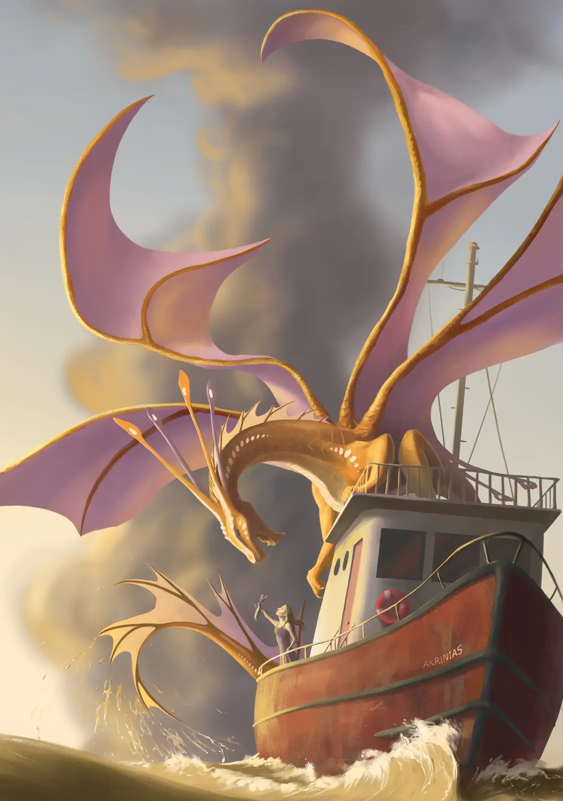A large, golden dragon with purple wings is perched atop a small fishing boat named 'AKRINIAS' in rough seas. A woman stands…