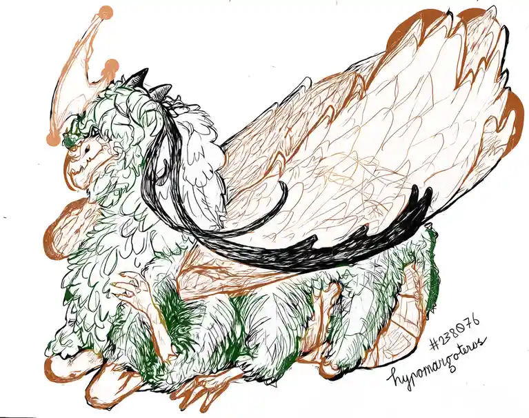 A sketch-style drawing of a fantastical creature resembling a dragon or wyvern with green and brown coloring, large wings…