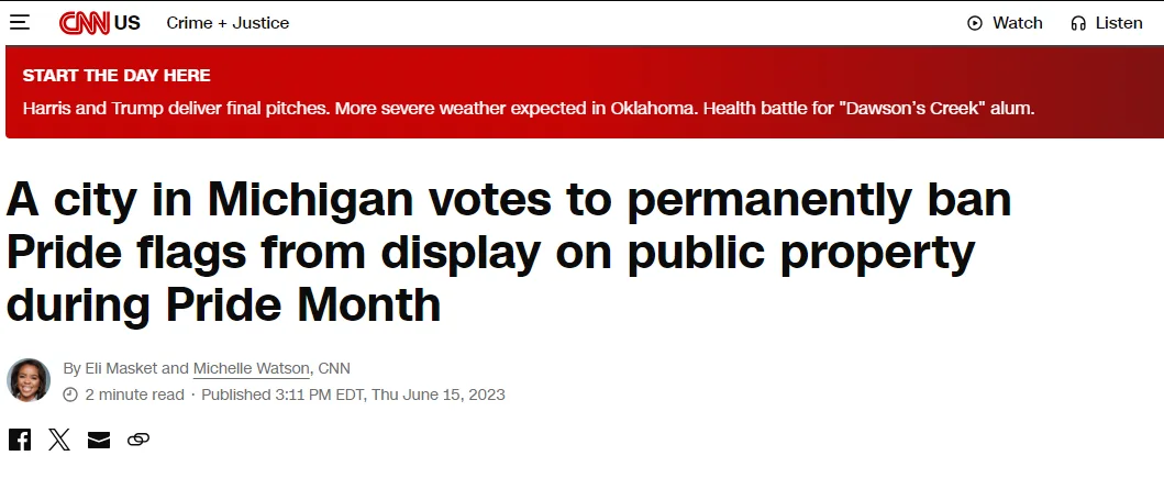 A screenshot of a CNN news article headline reading 'A city in Michigan votes to permanently ban Pride flags from display on…