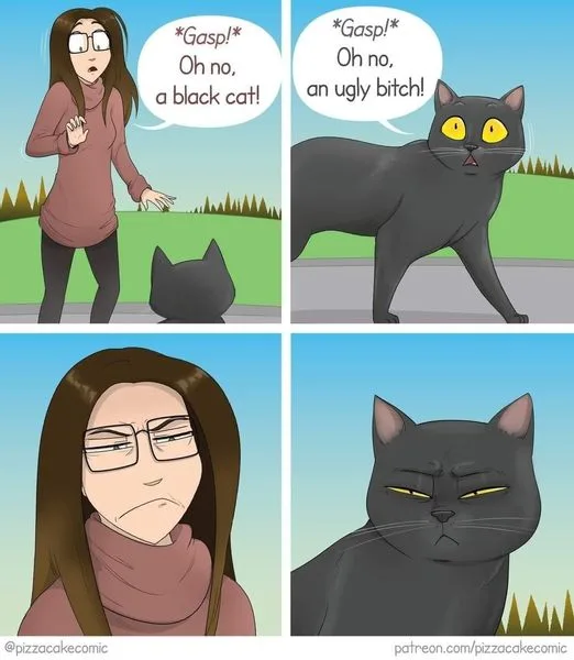 A four-panel comic strip shows a woman reacting with horror to a black cat, then the cat reacting with equal horror to her…
