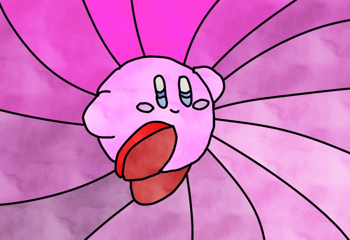 A cartoon pink character with large eyes and a wide open mouth, surrounded by radiating pink lines, appears to be crying or…