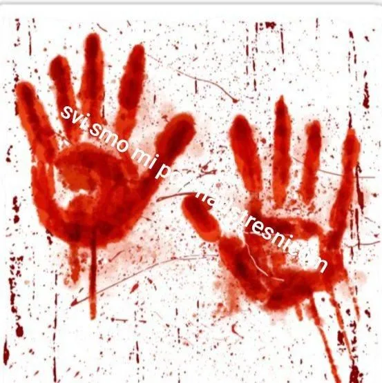 The image shows two red handprints smeared on a white, splattered surface resembling a wall or door. Diagonal white text…