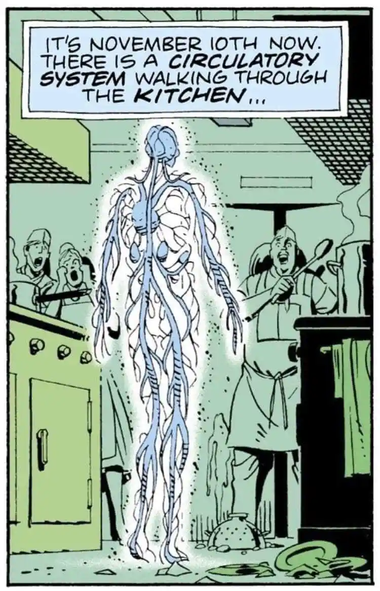 A comic panel shows a glowing, translucent humanoid figure with visible blue veins and arteries walking through a kitchen…