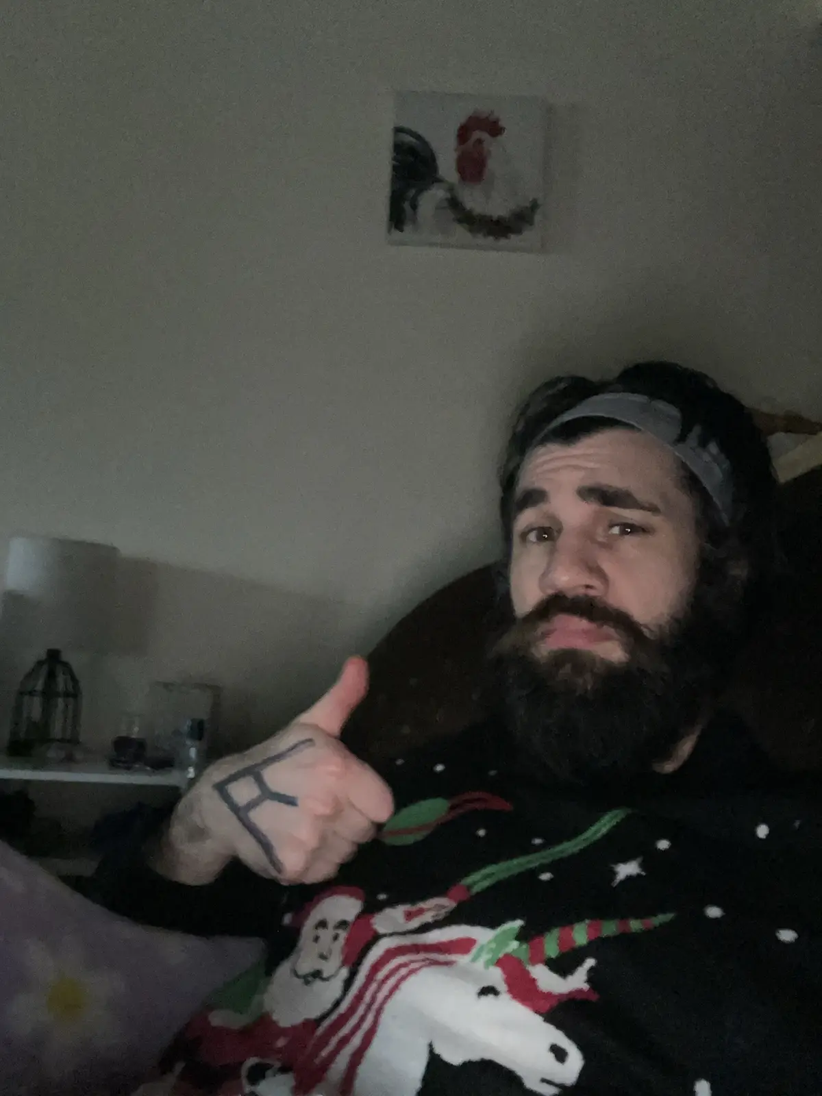 A man with a beard and headband lies in bed wearing a festive sweater featuring a Santa riding a unicorn. He gives a…