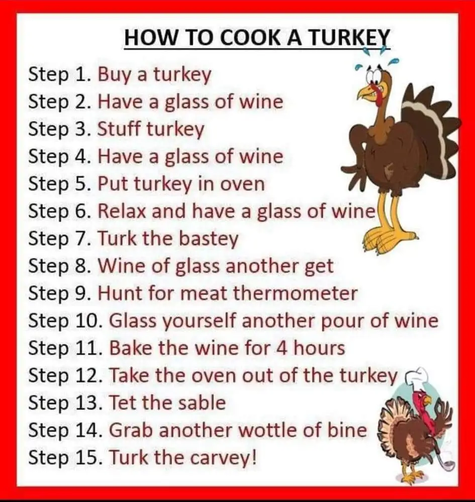 A red-bordered image displays a satirical 'How to Cook a Turkey' list with 15 steps, many of which are nonsensical or…