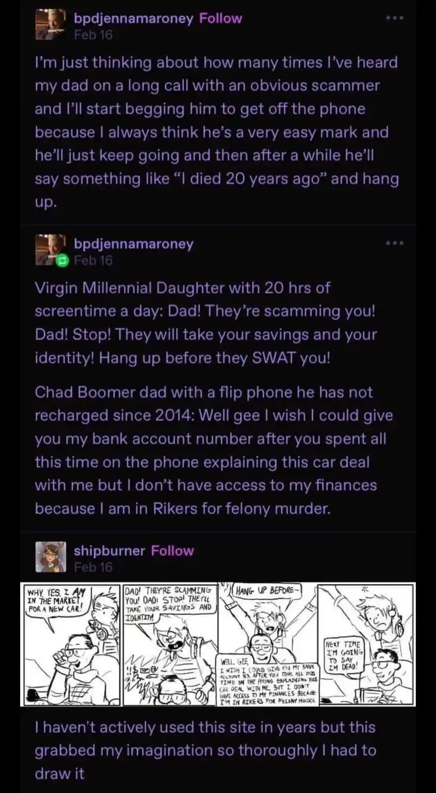 A four-panel comic strip depicts a daughter urgently warning her dad about a scam call, only for him to reveal he's in…