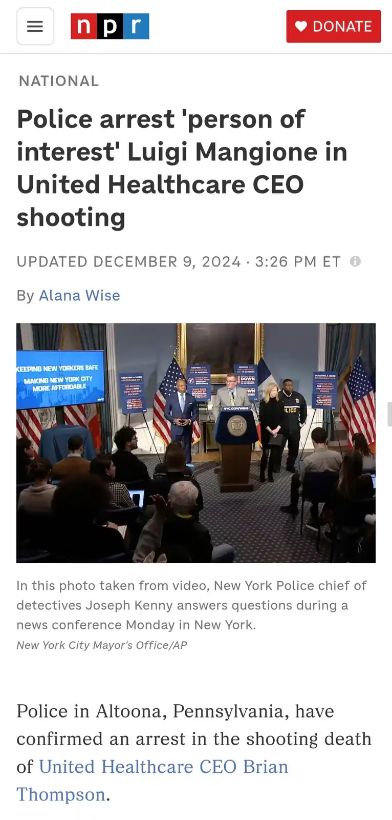 A screenshot of an NPR news article shows a photo of New York Police Chief Joseph Kenny speaking at a podium during a press…