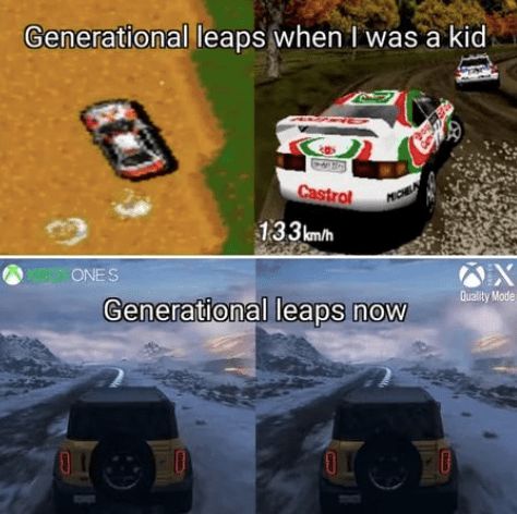 A four-panel meme comparing old and new video game graphics. Top-left shows a pixelated car in a low-res game with the text…