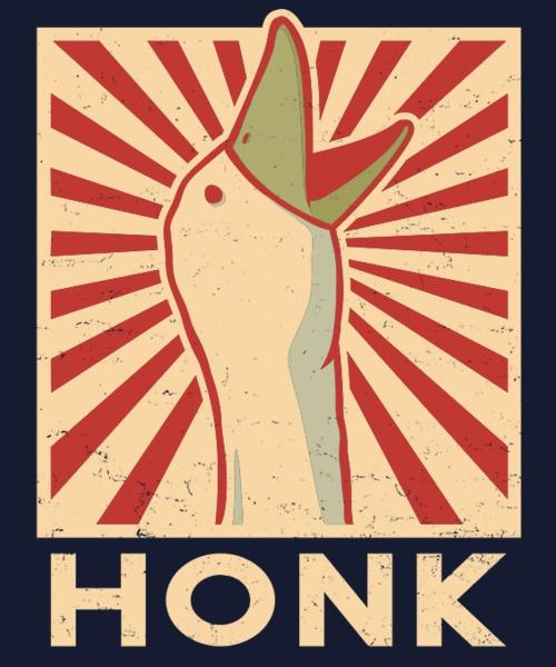 A stylized graphic of a bird's head, resembling a goose or duck, with its beak open as if honking, set against a red…
