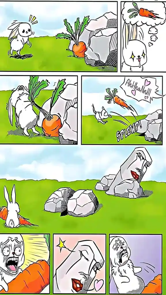 A comic strip shows a cartoon rabbit spotting a carrot, becoming obsessed with it, and then being startled by a rock that…