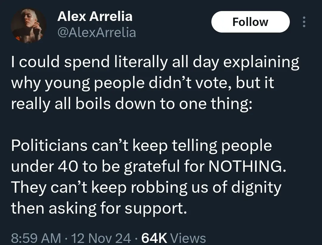 A screenshot of a tweet by Alex Arrelia, whose profile picture shows a person with short blonde hair. The tweet text is…