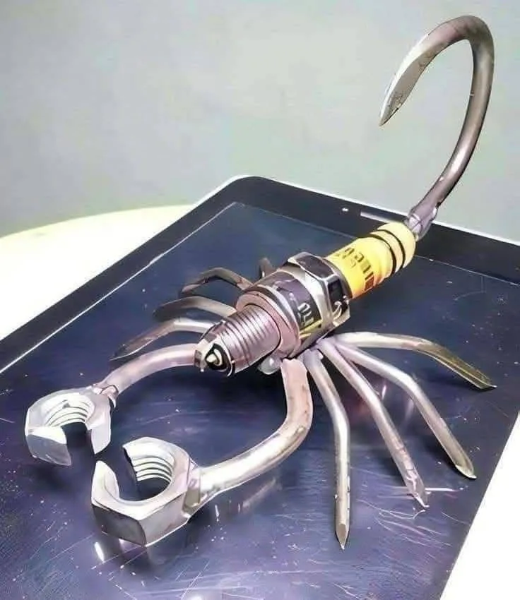 A scorpion-shaped sculpture crafted from various metal tools including a spark plug as the body, a wrench as the pincers…