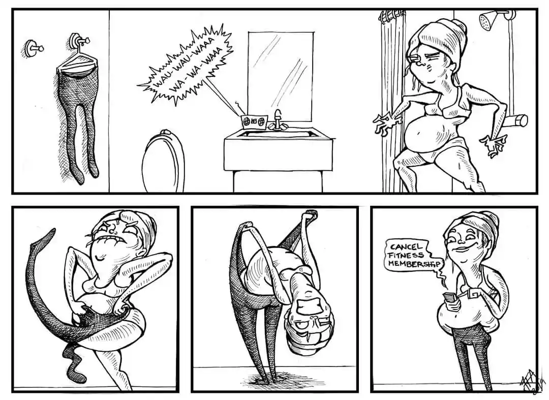 A six-panel black-and-white comic strip shows a woman's escalating frustration with her fitness routine. Panel 1: A pair of…