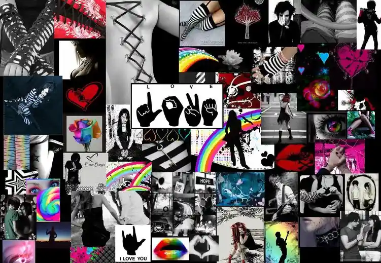 A collage of emo and alternative style images including black and white photos, rainbow motifs, striped clothing, broken…