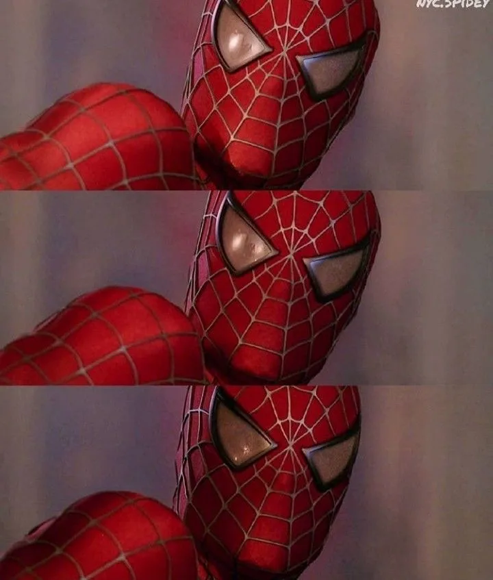 The image shows three stacked close-up frames of Spider-Man's masked face, each progressively tilting his head downward and…