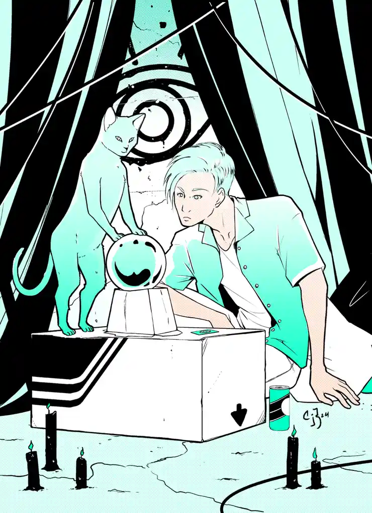 An illustrated scene features a person with light blue hair and a cat, both in matching teal tones, leaning over a white box…
