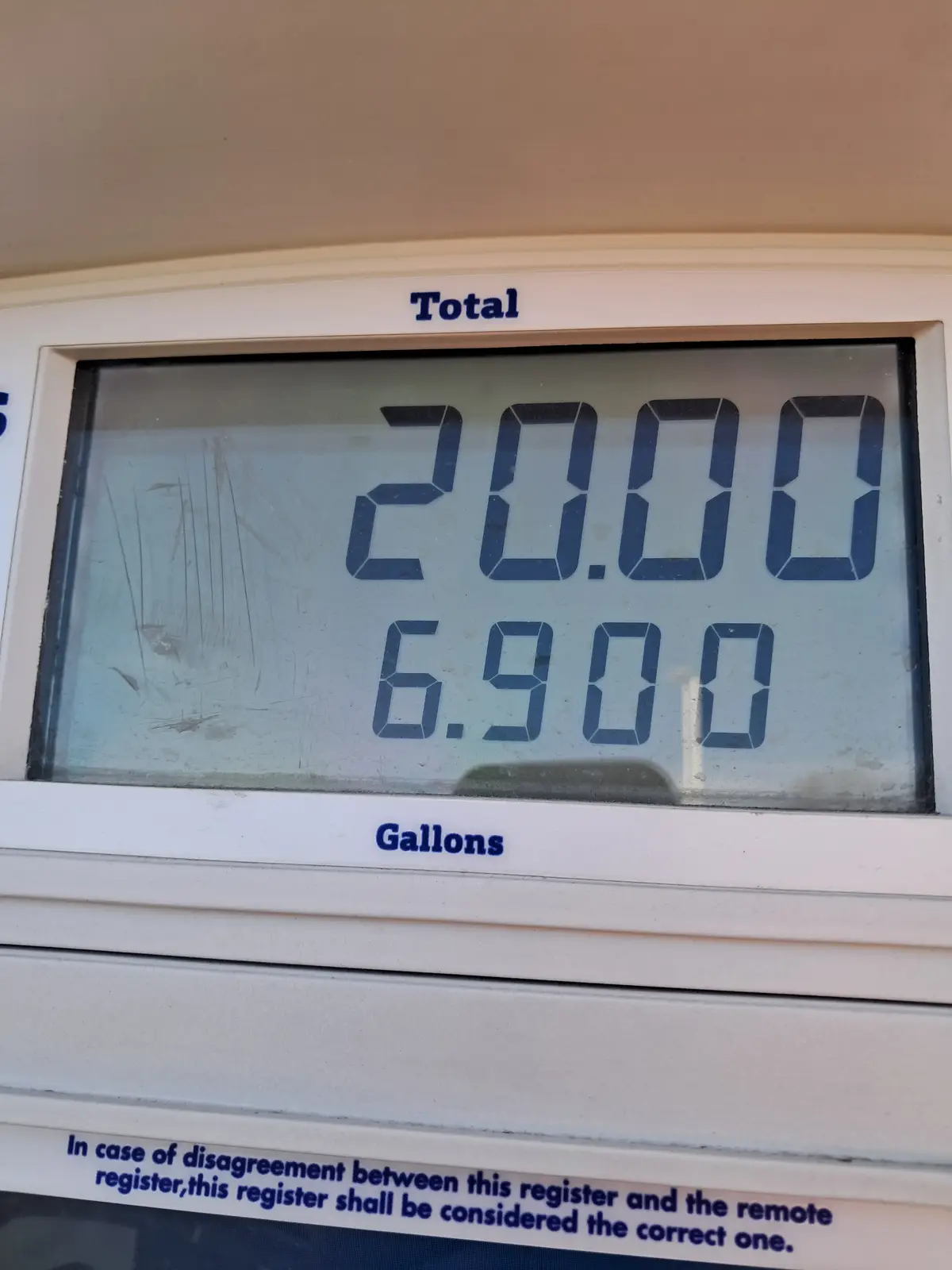 A close-up of a gas pump display showing 'Total 20.00' and 'Gallons 6.900', highlighting the absurdly low volume for the…