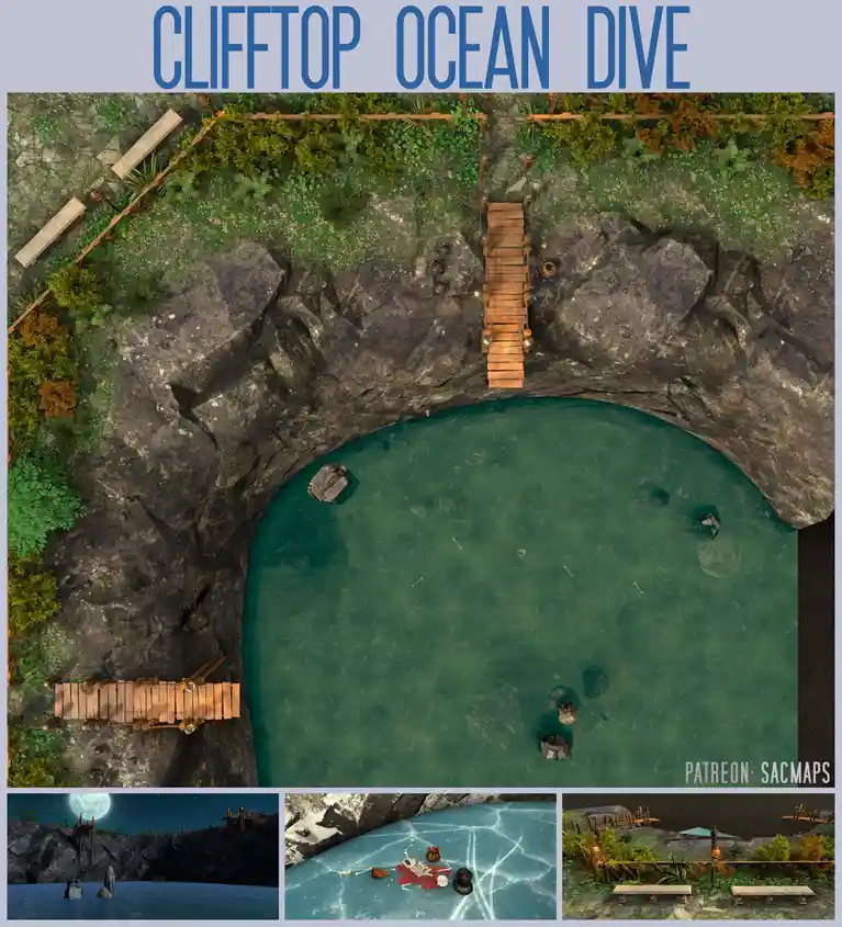 An overhead view of a cliffside with a wooden diving platform overlooking a turquoise ocean pool, with bones and skulls…