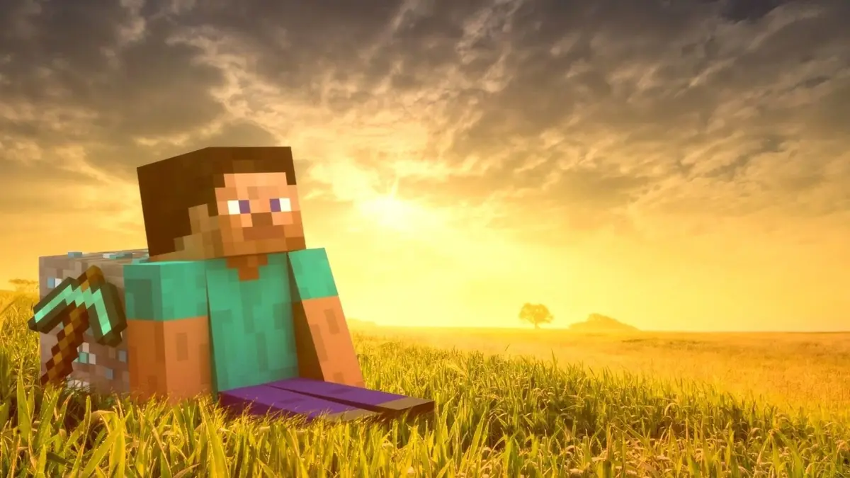 A pixelated Minecraft character, Steve, sits on a purple block in a grassy field at sunset, holding a diamond pickaxe. The…
