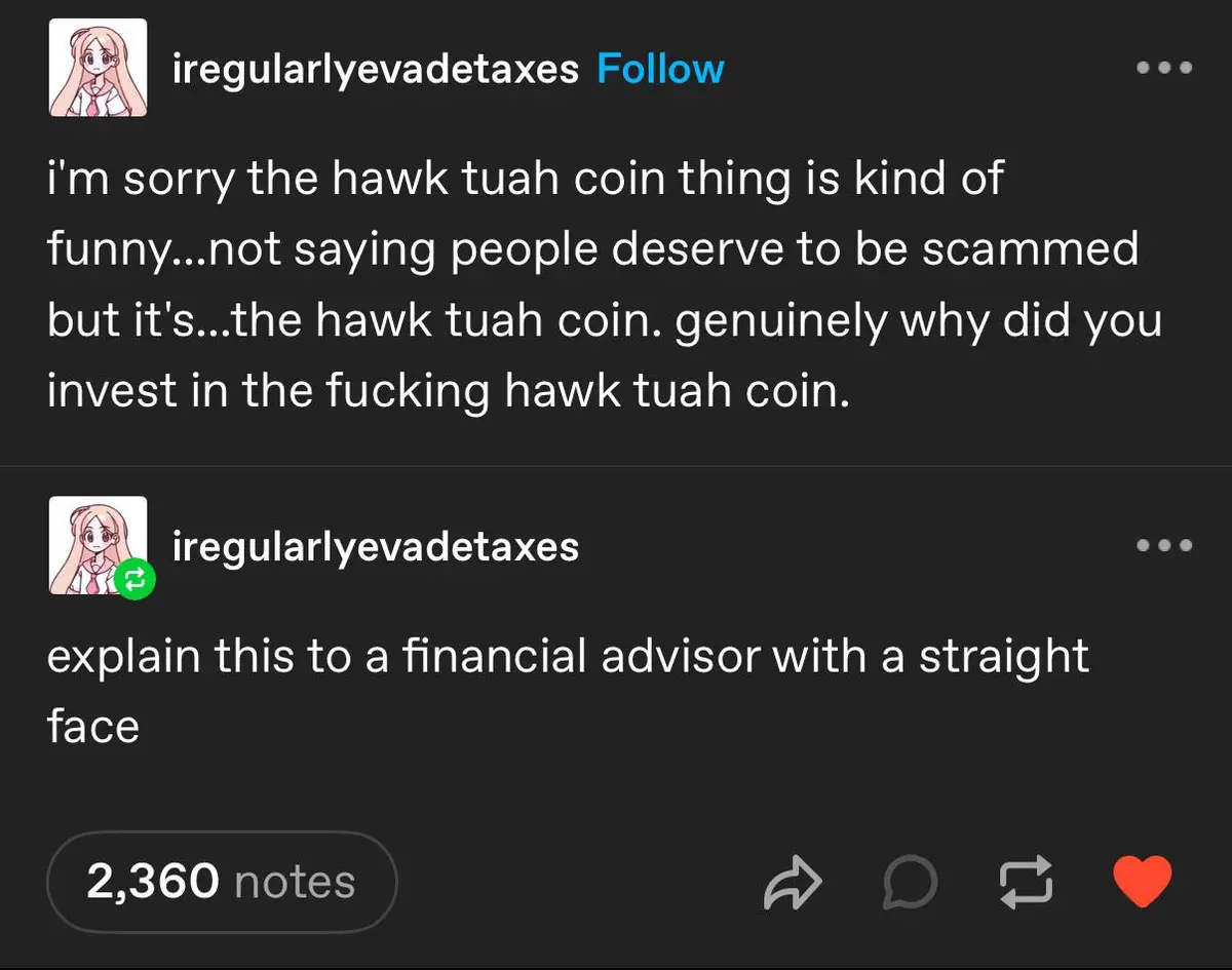 A screenshot of a Tumblr post by user 'iregularlyevadetaxes' showing a comment thread. The first comment expresses disbelief…