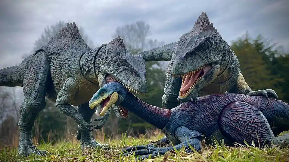 Two large grey dinosaur action figures with spiky backs are shown outdoors on grass, attacking a smaller blue and purple…