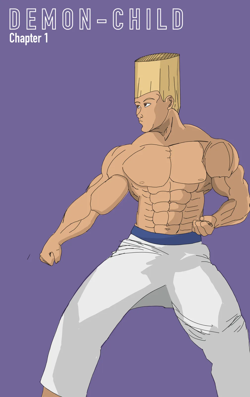 A muscular anime-style male character with a blocky, blond haircut stands in a fighting stance against a solid purple…