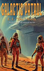 A vintage science fiction book cover for 'Galactic Patrol' by E. E. "Doc" Smith, depicting three astronauts in orange space…
