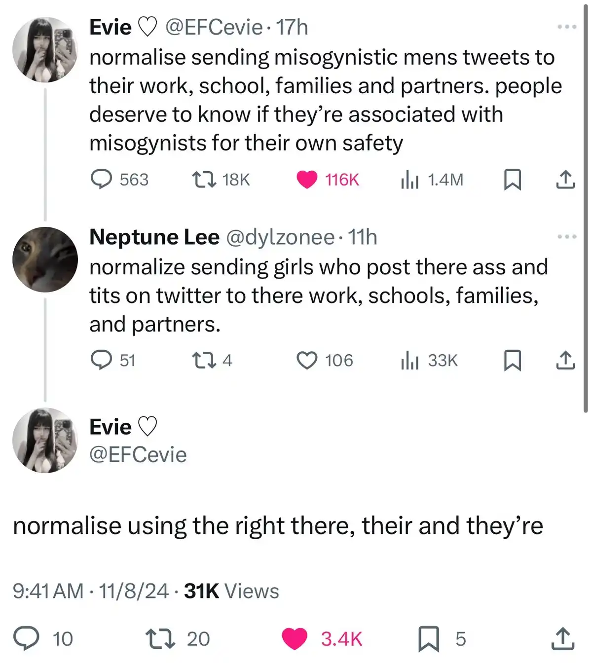 A screenshot of a Twitter thread shows user 'Evie' suggesting normalizing sending misogynistic men's tweets to their…
